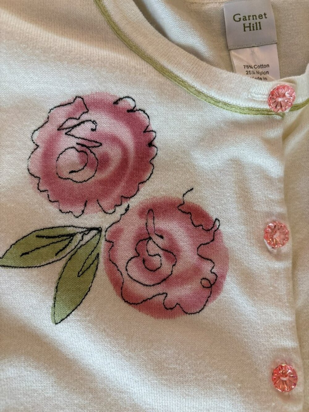 Garnet Hill Floral Embroidered Button-Down 3/4 Sleeve Cardigan Sweater Size M - Picture 4 of 6